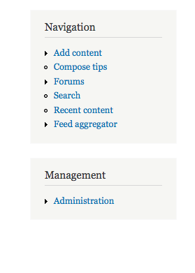 screengrab of Navigation and Management menus with all core modules enabled